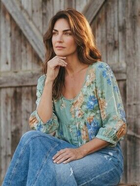 April Cornell Sage Green With Slate Blue  Floral Scoop-Neck Blouse